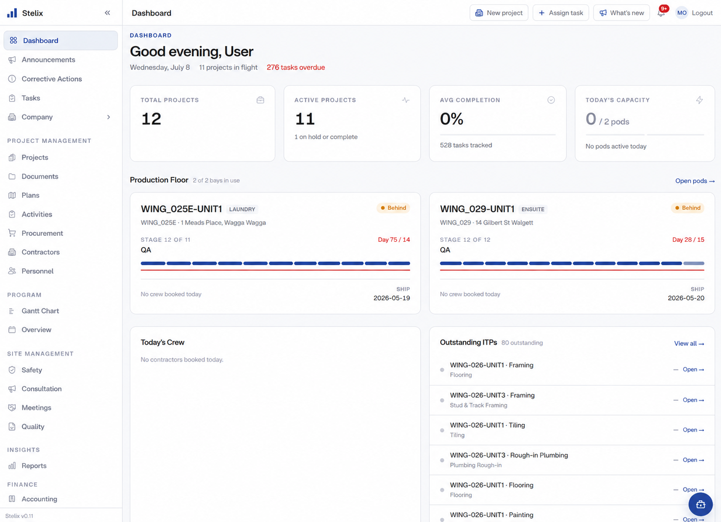 Stelix operations dashboard showing project totals, active projects, completion, capacity, production bays, crew status, and outstanding tasks